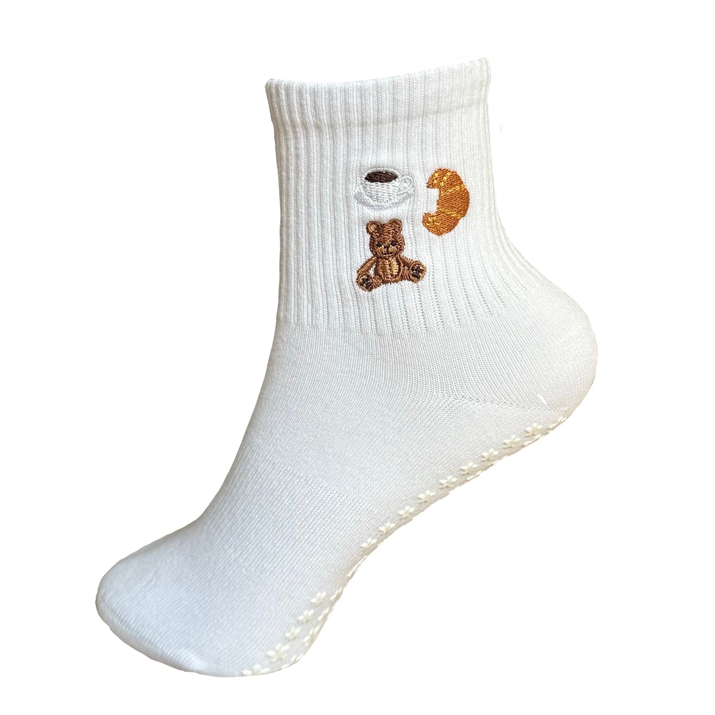 Pilates Socken in weiß mit Kaffee Croissant und Bär